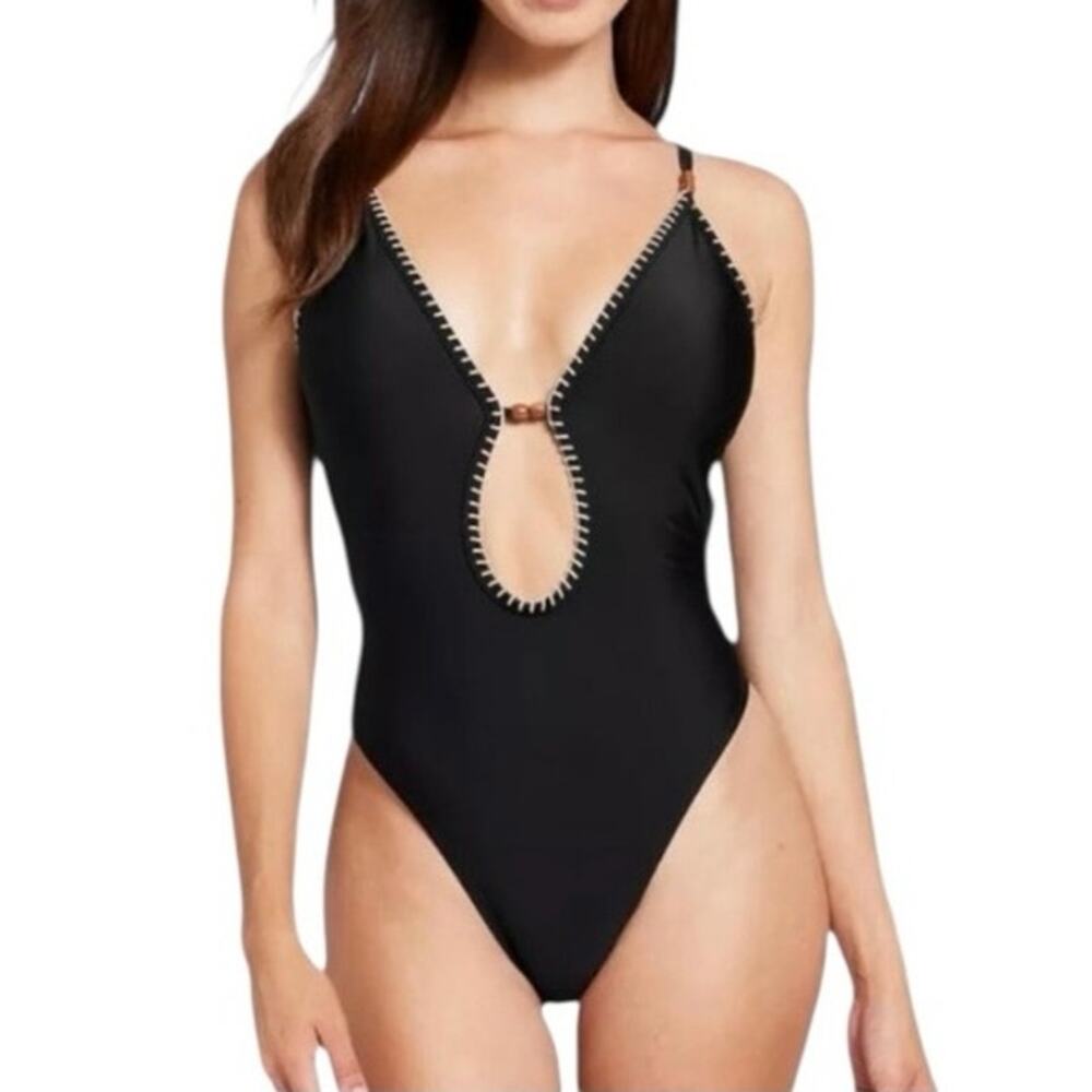 NEW SHADE & SHORE Black Plunge Extra High Leg Cheeky One Piece Swimsuit Medium